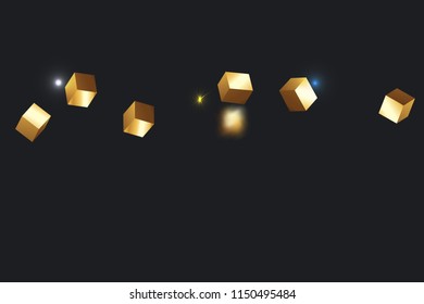 3D gold cube confetti. Flying shiny glitter. Bokeh glitch texture. Abstract golden defocused birthday invitation template. Wedding golden square card. Flying abstract glitter. Explosion celebrate card