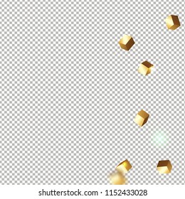 3D gold cube confetti. Flying shiny glitter. Bokeh glitch texture. Abstract golden defocused birthday invitation template. Wedding golden square card. Flying abstract glitter. Explosion celebrate card