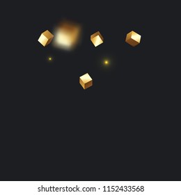 3D gold cube confetti. Flying shiny glitter. Bokeh glitch texture. Abstract golden defocused birthday invitation template. Wedding golden square card. Flying abstract glitter. Explosion celebrate card