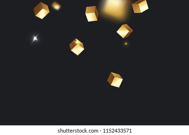 3D gold cube confetti. Flying shiny glitter. Bokeh glitch texture. Abstract golden defocused birthday invitation template. Wedding golden square card. Flying abstract glitter. Explosion celebrate card