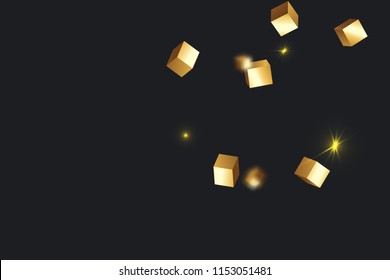 3D gold cube confetti. Flying shiny glitter. Bokeh glitch texture. Abstract golden defocused birthday invitation template. Wedding golden square card. Flying abstract glitter. Explosion celebrate card