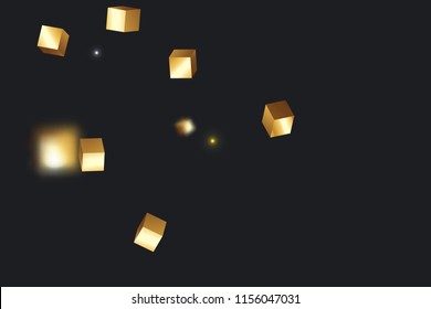3D gold cube confetti. Flying shiny glitter. Bokeh glitch texture. Abstract golden defocused birthday invitation template. Wedding golden square card. Flying abstract glitter. Explosion celebrate card