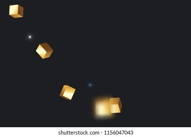 3D gold cube confetti. Flying shiny glitter. Bokeh glitch texture. Abstract golden defocused birthday invitation template. Wedding golden square card. Flying abstract glitter. Explosion celebrate card