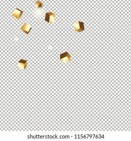 3D gold cube confetti. Flying shiny glitter. Bokeh glitch texture. Abstract golden defocused birthday invitation template. Wedding golden square card. Flying abstract glitter. Explosion celebrate card