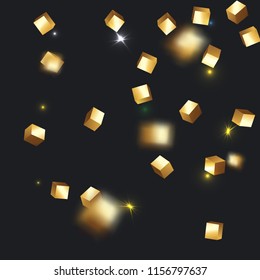 3D gold cube confetti. Flying shiny glitter. Bokeh glitch texture. Abstract golden defocused birthday invitation template. Wedding golden square card. Flying abstract glitter. Explosion celebrate card