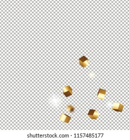 3D gold cube confetti. Flying shiny glitter. Bokeh glitch texture. Abstract golden defocused birthday invitation template. Wedding golden square card. Flying abstract glitter. Explosion celebrate card