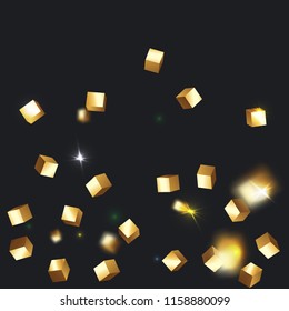 3D gold cube confetti. Flying shiny glitter. Bokeh glitch texture. Abstract golden defocused birthday invitation template. Wedding golden square card. Flying abstract glitter. Explosion celebrate card