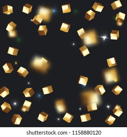 3D gold cube confetti. Flying shiny glitter. Bokeh glitch texture. Abstract golden defocused birthday invitation template. Wedding golden square card. Flying abstract glitter. Explosion celebrate card