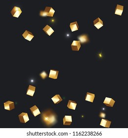 3D gold cube confetti. Flying shiny glitter. Bokeh glitch texture. Abstract golden defocused birthday invitation template. Wedding golden square card. Flying abstract glitter. Explosion celebrate card