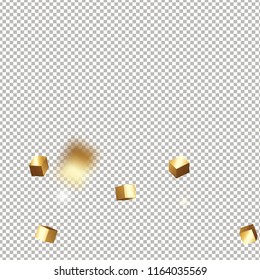 3D gold cube confetti. Flying shiny glitter. Bokeh glitch texture. Abstract golden defocused birthday invitation template. Wedding golden square card. Flying abstract glitter. Explosion celebrate card