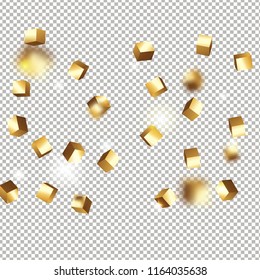3D gold cube confetti. Flying shiny glitter. Bokeh glitch texture. Abstract golden defocused birthday invitation template. Wedding golden square card. Flying abstract glitter. Explosion celebrate card