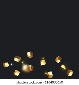3D gold cube confetti. Flying shiny glitter. Bokeh glitch texture. Abstract golden defocused birthday invitation template. Wedding golden square card. Flying abstract glitter. Explosion celebrate card