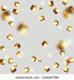 3D gold cube confetti. Flying shiny glitter. Bokeh glitch texture. Abstract golden defocused birthday invitation template. Wedding golden square card. Flying abstract glitter. Explosion celebrate card