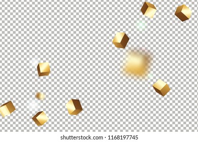 3D gold cube confetti. Flying shiny glitter. Bokeh glitch texture. Abstract golden defocused birthday invitation template. Wedding golden square card. Flying abstract glitter. Explosion celebrate card