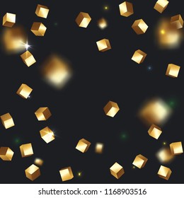 3D gold cube confetti. Flying shiny glitter. Bokeh texture. Abstract golden defocused birthday invitation template. Wedding golden square card. Flying abstract glitter. Explosion celebrate card