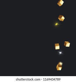 3D gold cube confetti. Flying shiny glitter. Bokeh glitch texture. Abstract golden defocused birthday invitation template. Wedding golden square card. Flying abstract glitter. Explosion celebrate card