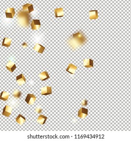 3D gold cube confetti. Flying shiny glitter. Bokeh glitch texture. Abstract golden defocused birthday invitation template. Wedding golden square card. Flying abstract glitter. Explosion celebrate card