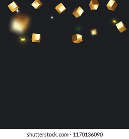 3D gold cube confetti. Flying shiny glitter. Bokeh glitch texture. Abstract golden defocused birthday invitation template. Wedding golden square card. Flying abstract glitter. Explosion celebrate card