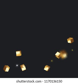 3D gold cube confetti. Flying shiny glitter. Bokeh glitch texture. Abstract golden defocused birthday invitation template. Wedding golden square card. Flying abstract glitter. Explosion celebrate card