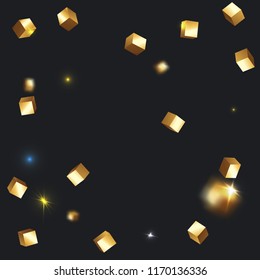 3D gold cube confetti. Flying shiny glitter. Bokeh glitch texture. Abstract golden defocused birthday invitation template. Wedding golden square card. Flying abstract glitter. Explosion celebrate card