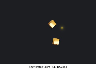 3D gold cube confetti. Flying shiny glitter. Bokeh glitch texture. Abstract golden defocused birthday invitation template. Wedding golden square card. Flying abstract glitter. Explosion celebrate card