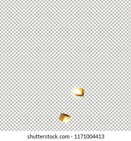 3D gold cube confetti. Flying shiny glitter. Bokeh glitch texture. Abstract golden defocused birthday invitation template. Wedding golden square card. Flying abstract glitter. Explosion celebrate card