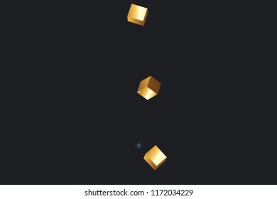 3D gold cube confetti. Flying shiny glitter. Bokeh glitch texture. Abstract golden defocused birthday invitation template. Wedding golden square card. Flying abstract glitter. Explosion celebrate card