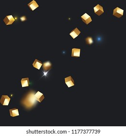 3D gold cube confetti. Flying shiny glitter. Bokeh glitch texture. Abstract golden defocused birthday invitation template. Wedding golden square card. Flying abstract glitter. Explosion celebrate card