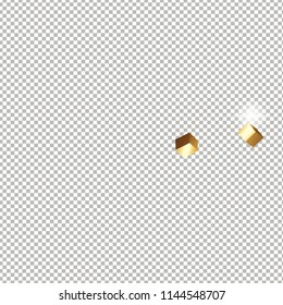 3D gold cube confetti isolated on transparent background. Flying shiny glitter. Bokeh glitch texture. Abstract golden defocused birthday invitation template. Flying abstract glitter.