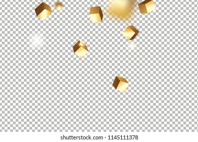 3D gold cube confetti isolated on transparent background. Flying shiny glitter. Bokeh glitch texture. Abstract golden defocused birthday invitation template. Flying abstract glitter.