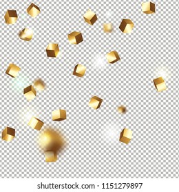3D gold cube confetti isolated on transparent background. Flying shiny glitter. Bokeh glitch texture. Abstract golden defocused birthday invitation template. Flying abstract glitter.
