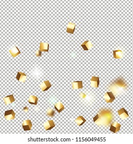3D gold cube confetti isolated on transparent background. Flying shiny glitter. Bokeh glitch texture. Abstract golden defocused birthday invitation template. Flying abstract glitter.