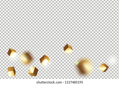 3D gold cube confetti isolated on transparent background. Flying shiny glitter. Bokeh glitch texture. Abstract golden defocused birthday invitation template. Flying abstract glitter.