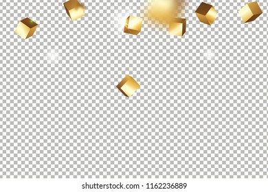 3D gold cube confetti isolated on transparent background. Flying shiny glitter. Bokeh glitch texture. Abstract golden defocused birthday invitation template. Flying abstract glitter.