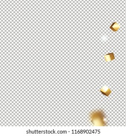 3D gold cube confetti isolated on transparent background. Flying shiny glitter. Bokeh texture. Abstract golden defocused birthday invitation template. Flying abstract glitter.
