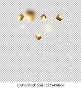 3D gold cube confetti isolated on transparent background. Flying shiny glitter. Bokeh glitch texture. Abstract golden defocused birthday invitation template. Flying abstract glitter.