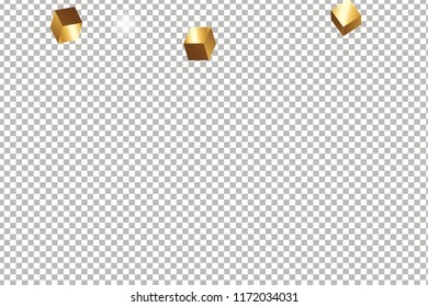 3D gold cube confetti isolated on transparent background. Flying shiny glitter. Bokeh glitch texture. Abstract golden defocused birthday invitation template. Flying abstract glitter.