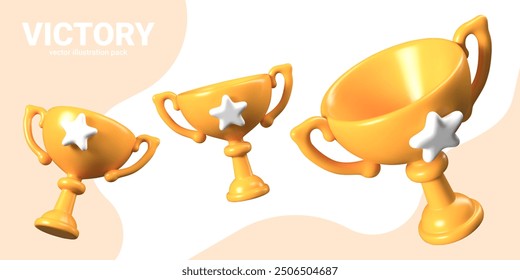 3D gold cup in funny game style. Valuable prize for winner. Set of vector objects