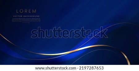 3D gold curved dark blue ribbon on dark blue background with lighting effect and sparkle with copy space for text. Luxury design style. Vector illustration