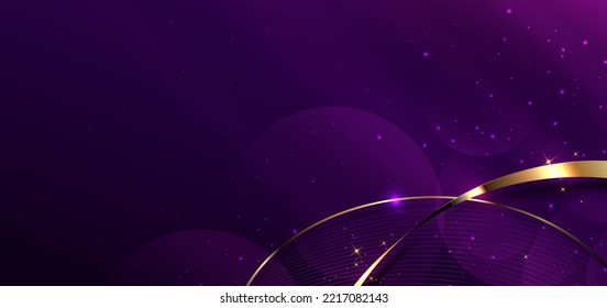 3D gold curved gold ribbon on purple background with lighting effect and space for text. Luxury design style. Vector illustration