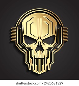 3d gold cyber skull circuit board color vector logo symbol