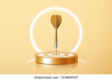 3d gold dart hit to center of golden dartboard with neon light. Arrow on bullseye in target. Business success, investment goal, opportunity challenge, aim strategy, achievement focus concept.