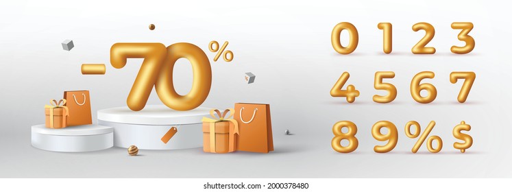 3D Gold Discount numbers on podium with shopping bag and gift box vector. Price off tag design collection. 0, 1, 2, 3, 4, 5, 6, 7, 8, 9, percent and dollar illustration. - Shutterstock ID 2000378480