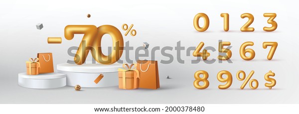 3D Gold Discount\
numbers on podium with shopping bag and gift box vector. Price off\
tag design collection. 0, 1, 2, 3, 4, 5, 6, 7, 8, 9, percent and\
dollar illustration.