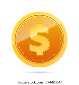 3d Gold Dollar Coin isolated on white background. Vector illustration.