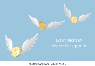 3D gold dollar coins with white wings on blue background. Flying money. Lost money or expenses concept. Vector illustration
