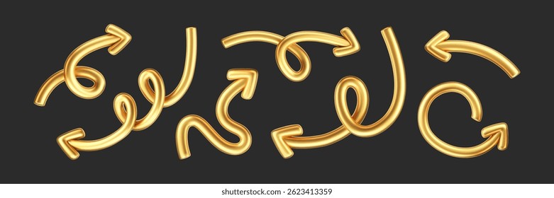 3D gold doodle arrow set in Y2K style, isolated on a dark background. Render of 3D golden liquid curve and swirl arrows, rotating up, down, and right with metal shine effect. 3D vector Y2K figure