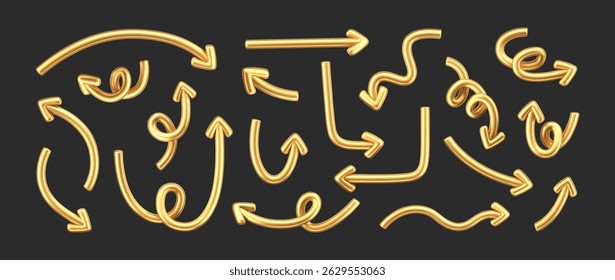 3D gold doodle arrow set in Y2K style, isolated on a dark background. Render of 3D golden liquid curve and swirl arrows, rotating up, down, and right with metal shine effect. 3D vector Y2K figure