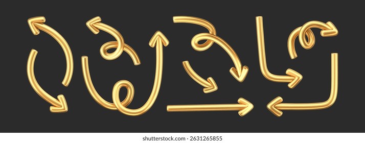 Seta doodle de ouro 3D definida no estilo Y2K, isolada em um fundo escuro. Renderização de curva líquida dourada 3D e setas giratórias, girando para cima, para baixo e para a direita com efeito de brilho de metal. Vetor 3D figura Y2K