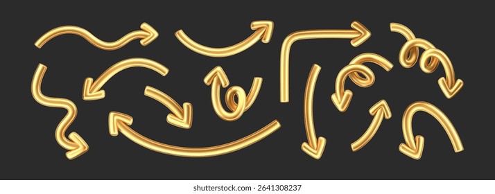 3D gold doodle arrow set in Y2K style, isolated on a dark background. Render of 3D golden liquid curve and swirl arrows, rotating up, down, and right with metal shine effect. 3D vector Y2K figure